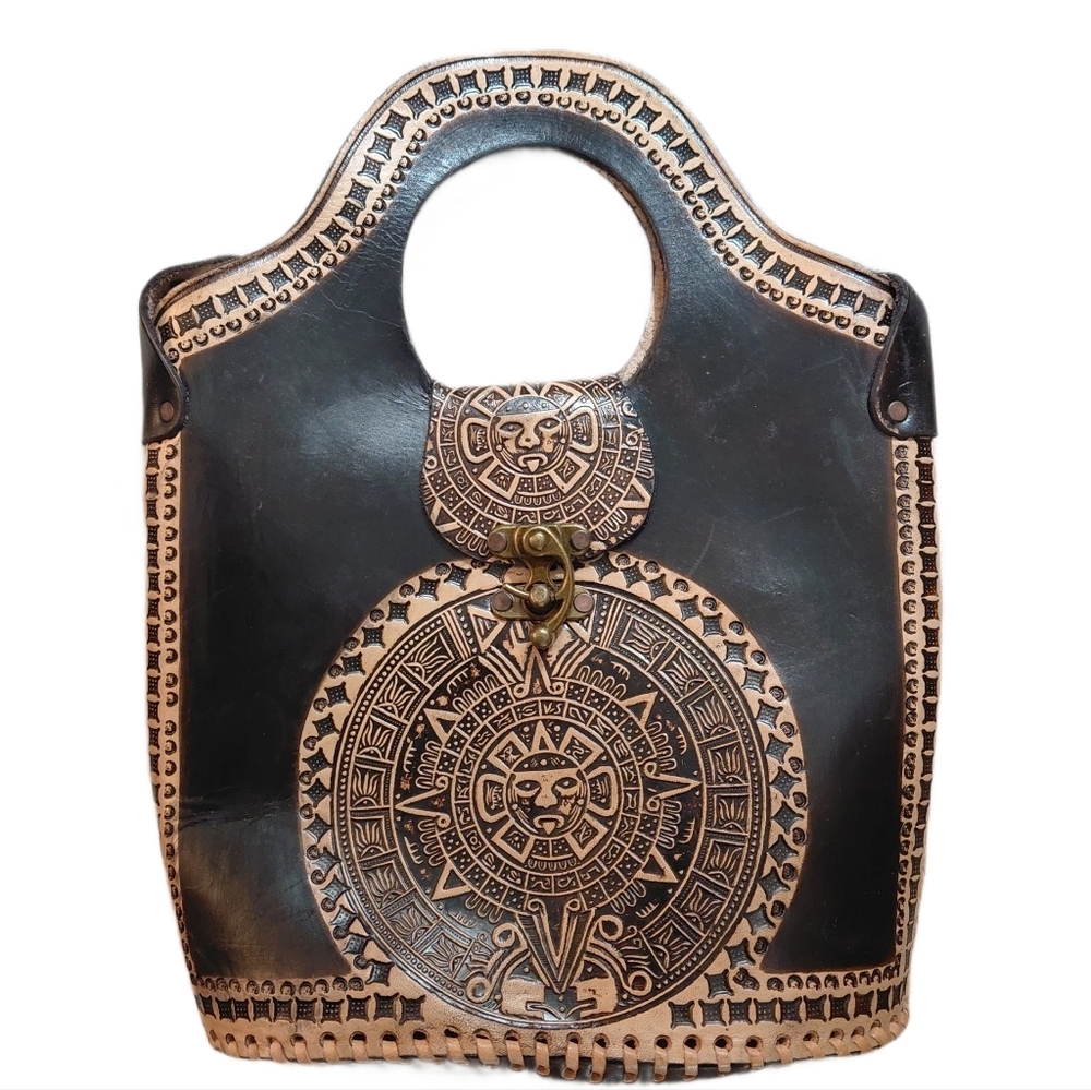 Hand Tooled Aztec Calendar Black and Tan Crossbody Hand Bag - Picture 8 of 8